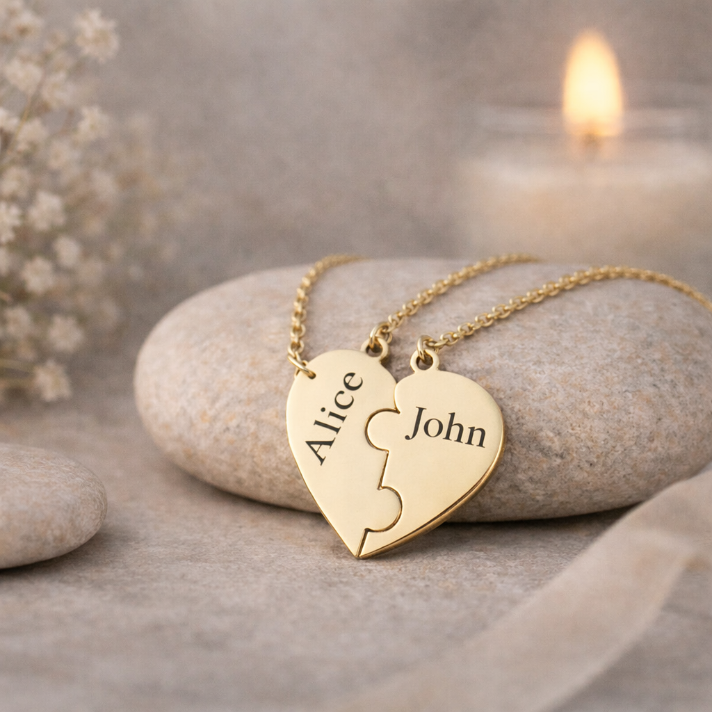 Gold heart-shaped puzzle piece necklace with engraved names on a stone surface.