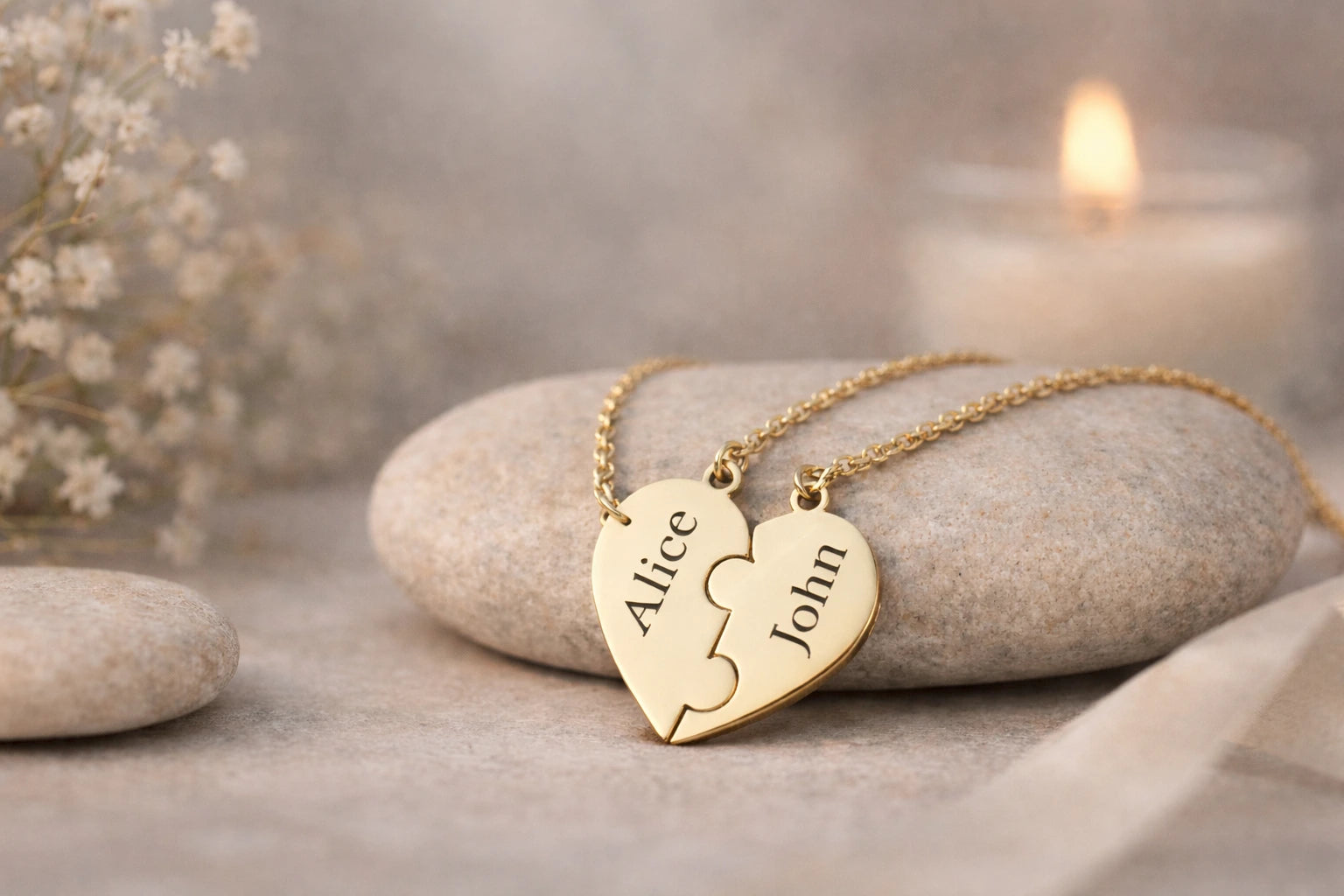 Gold heart-shaped puzzle piece necklace with engraved names on a stone surface with a candle in the background.